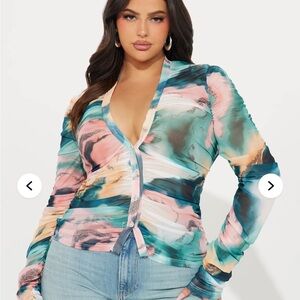 🆕 Fashion Nova Teal and Pink Button Down Blouse Sz 2X